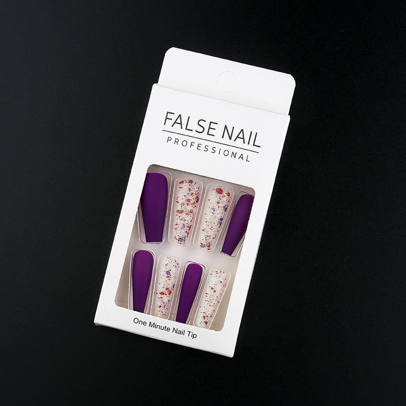 Miniatura 2 de EALGA-LT005-8 - Uñas postizas a presión color morado ciruela, ataúd con purpurina roja moteada mate, uñas postizas moradas a presión, uñas acrílicas