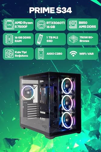 Game Garaj Prime S34 AMD Ryzen 5 7500F 16GB RAM 1TB SSD RTX5060Ti 16GB FreeDOS Oyuncu OEM Paket - Görsel 2