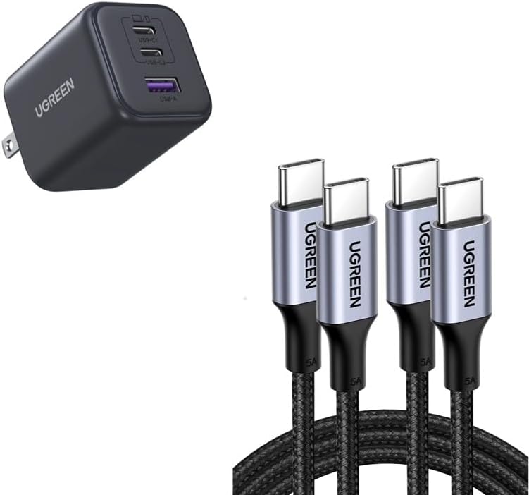 45W GaN 3-Port Fast Charger + 100W USB-C to USB-C Fast-Charge Cable (2-Pack) – Universal PD/PPS Super-Charge Bundle for Laptop, Phone & Tablet