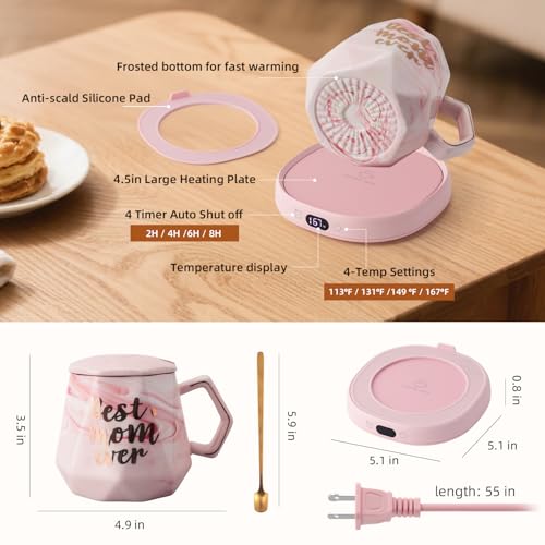 Image of Coffee Mug Warmer & Best MOM Ever Mug Set, Smart Heated Electric Cup Warmer for Desk Office, 4 Temperature Control Beverage Tea Coffee Warmer, 8h Auto Shut Off Candle Plate, Women Mom Gifts from Son