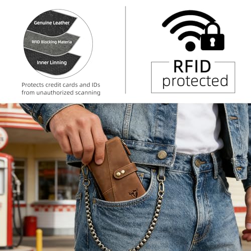 Image of Genuine Crazy Horse Leather Travel Gift Coin Pocket Card Case Long Organizer Chain Rfid Wallet Purse With Snap For Men Male 1803 1815 (1803 Brown 26b)