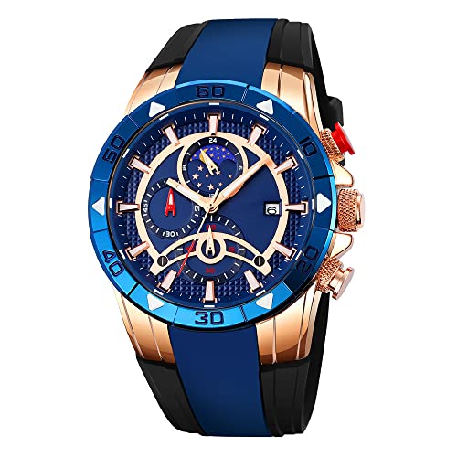 Forrader Montre à quartz tendance pour homme avec bracelet en silicone noir, étanche, multifonction, style militaire, chronographe, professionnel, Or rose/bleu, Sangle Cover