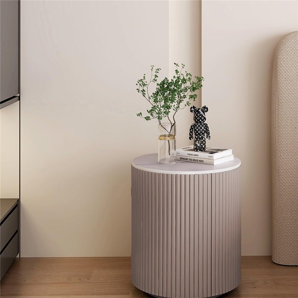Comodino con piano in pietra sinterizzata scanalata cilindrica, comodino rotondo a doghe, tavolino portaoggetti minimalista for l'arredamento della camera da letto in stile crema(Brown)