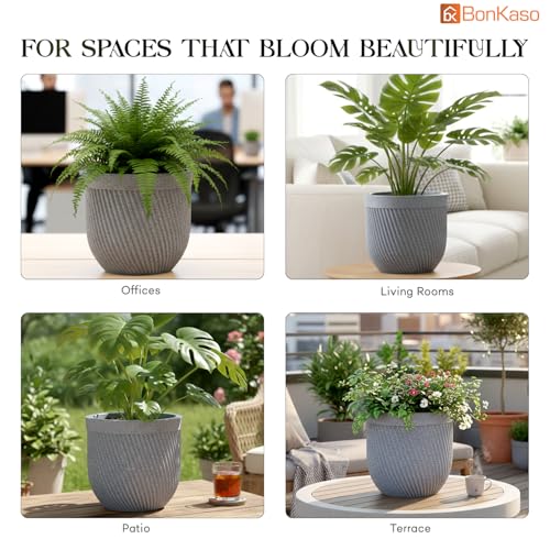 Image of Bonkaso 10 Inch Seltos Ribbed Planter for Indoor & Outdoor Use | Round Heavy Duty Polymer Flower Pot | Lightweight Weather Resistant Modern Gamla for Living Room Balcony & Terrace (Light Grey)