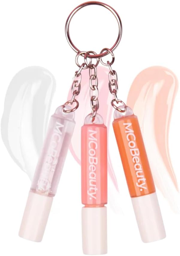 MCoBeauty Lip Gloss Trio - 3 in 1 Keychain Mini Glosses Set - High Shine Hydrating Non Sticky Clear Tinted Lip Color Pack - Doe Foot Applicator - For On the Go Makeup - Vegan & Cruelty Free