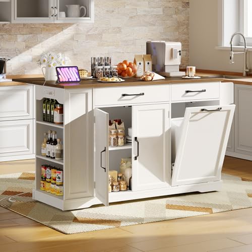 RALGEND Kitchen Island with Power Outlet & Drop Leaf, Rolling Storage Cart with Trash Storage Cabinet,Farmhouse Mobile Island Table for Kitchen, Dining Room, Hidden Casters, White and Walnut