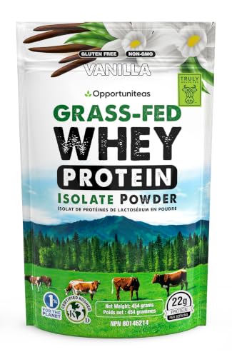 Image of Opportuniteas Grass Fed Vanilla Whey Isolate Protein Powder - 22g Protein, Heavy-Metal Tested, Organic Cane Sugar & Organic Vanilla Flavor, Non-GMO, Hormone-Free, Sourced from Ireland, 1lb