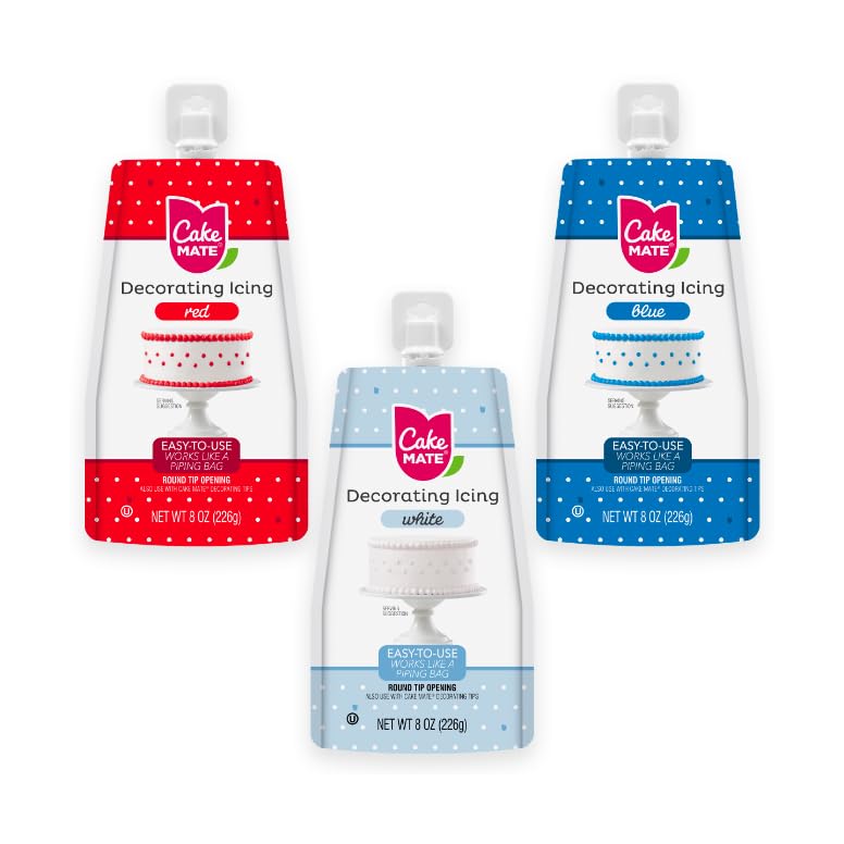 Image of Cake Mate Decorating Icing Red, White & Blue Bundle - Great for Decorating Cakes, Cookies & More | Valentines Decorating, Holidays (three 8oz Pouches)