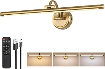 Dimmable Battery Operated Picture Light with Remote & Timer, Brass, 23.6 inches