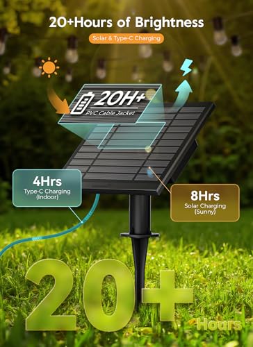 Image of Minetom 100FT Solar-String-Lights-Outdoor-Waterproof, 31+2LED S14 Shatterproof Bulb, Patio Lights with Remote Type-C Port Timable, 3 Light Modes Dimmable Solar String Lights for Outside, Yard, Camping