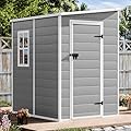 Resin Storage Shed 5x4 FT with Floor Lockable Door Window Included, Easy Assemble All Weather Waterproof Durable Plastic Outdoor Garden Tools Sheds for Backyard Patio