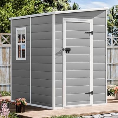 Resin Storage Shed 5x4 FT with Floor Lockable Door Window Included, Easy Assemble All Weather Waterproof Durable Plastic Outdoor Garden Tools Sheds for Backyard Patio