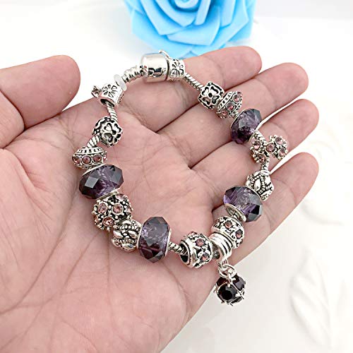 YOUFENG Love Beads Charms Bracelet for Women Snake Chain Unicorn Charm Flower Charms Bracelets Birthday Gifts for Her Amethyst Bracelet3