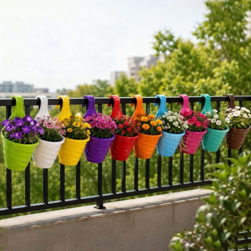 Image of Amazon Brand - Umi Hanging Planter Pots for Railing Pack of 10 | Plastic Twister Hook Flower Pots for Fence, Grill & Balcony (Multicolor, 15x8x19cm) Decorative Planters for Home Garden Decor