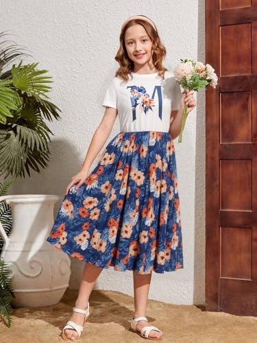 Seechoslo 8-14 Years Girls Summer Dresses Short Sleeve Casual Midi A-Line Floral & Graphic Print Play Dress2