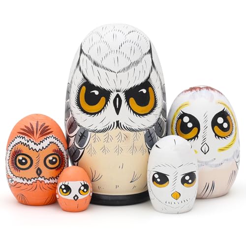 NEPOG Owl Nesting Dolls Egg Shape Wooden Russian Nesting Dolls, 5 Pcs Handmade Wooden Cute Owl Matryoshka Dolls Set for Kids Christmas Birthday Wishing Gift