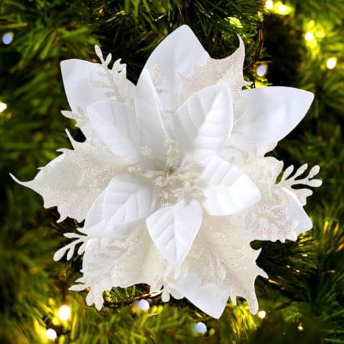GL-Turelfies Lot de 12 fleurs artificielles - Poinsettia (Étoiles de Noël) pour décoration de sapin de Noël avec paillettes - 15 cm (blanc)