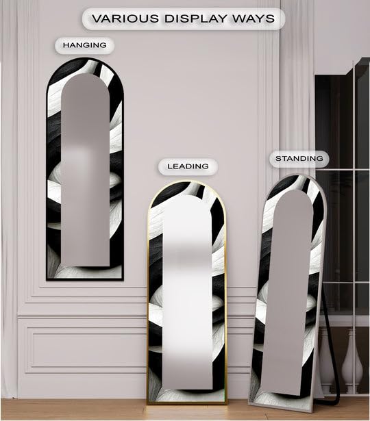 Specchio da pavimento a forma di onda bianca e nera, lunghezza completa, lunghezza completa, specchio ad arco a tutto corpo, specchio da pavimento macchiato con cornice nera e