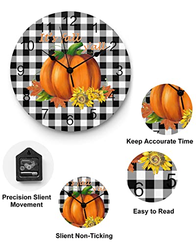 Loopop LPP-240719-SLXM09964CKACLOP Fall Wall Clock Thanksgiving Pumpkin Maple Leaf Clocks Pvc Silent Non-Ticking Battery Operated Black Plaid Checkered Round Clock thumb #3