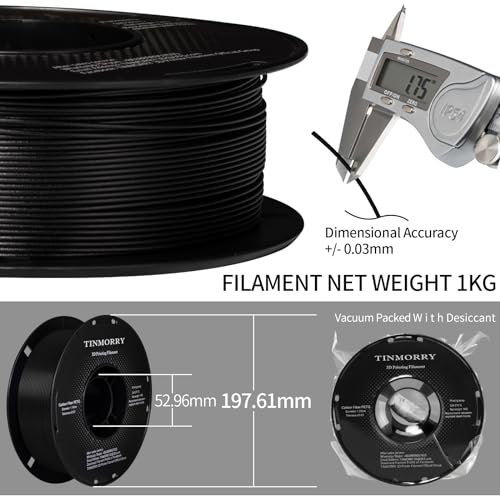 Image of TINMORRY Carbon Fiber PETG Filament 1.75 mm, High Rigidity & Strength PETG CF 3D Printer Filament, Compatible with Most FDM 3D Printers, 1 KG 1 Spool, Black