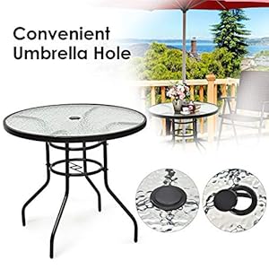 S AFSTAR Patio Bistro Table, Tempered Glass Table with 1.65” Umbrella Hole, Round Outdoor Dining Table, Round Patio Coffee Table for Deck Balcony Lawn Pool Backyard, 28”H x 32” D (Black) S AFSTAR Patio Bistro Table Tempered Glass Table with 165 Umbrella Hole Round Outdoor Dining Table Round Patio Coffee Table for Deck Balcony Lawn Pool Backyard 28H x 32 D Black