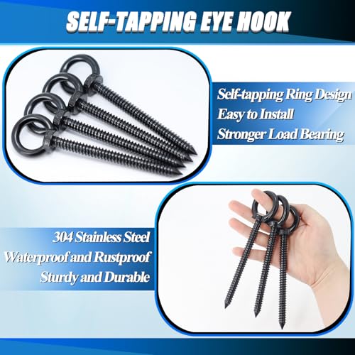 Image of OHIYO 6.3 Inch Heavy Duty Eye Hooks M10 Self Tapping Eyelet Screw Load Capacity 850 LBS Heavy Duty Screw in Eye Hooks for Hammock Stand, Swing Chair, Yoga, Heavy Indoor & Outdoor Uses (Black)