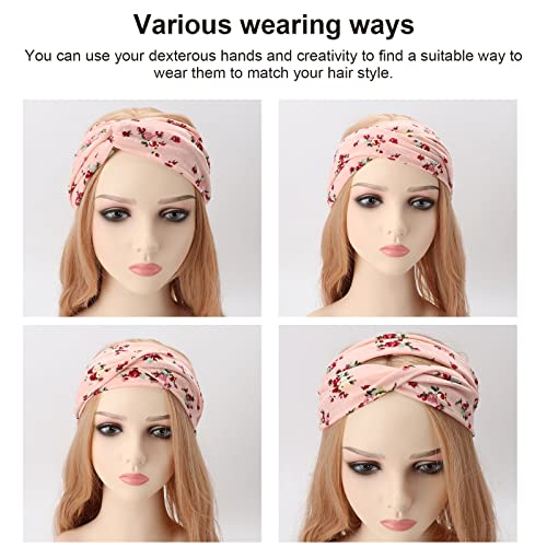 Image of DRESHOW 4 Pack Boho Cotton Non-Slip Headbands for Women Girls Yoga Workout Running Knotted Turban Floral Elastic Head Wrap