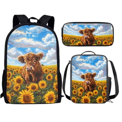 Sac à dos école fille garçon avec trousse et sac à livres motif tournesol One Size
