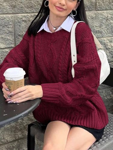 ZAFUL Cable Knit Sweaters for Women Crewneck Casual Knit Pullover Sweater Long Sleeves Jumper Tops3