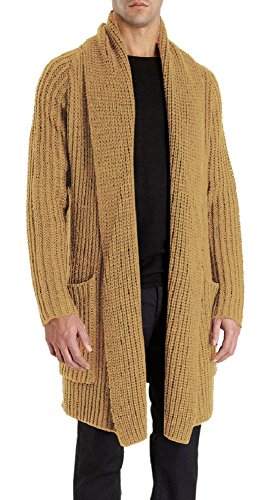 Hestenve Men's Knitted Shawl Collar Cable Draped Open Front Long Cardigan Sweater Khaki