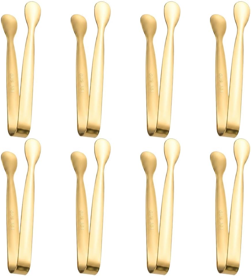 8 Pack Gold Mini Serving Tongs, 4.3 Inch Stainless Steel Small Tongs, Tiny Appetizer Tongs for Charcuterie Board, Sugar Cubes, Ice, Desserts, Buffet, Tea Party, Party & Wedding Serving Tools