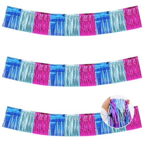 Image of BEISHIDA 3 Packs Metallic Foil Fringe Garland Mix Blue Pink Wall Hanging Tinsel Fringe Banners for Car Floats Birthday Baby Bridal Shower Wedding Graduation Holiday Party Decoration(30 Feet)