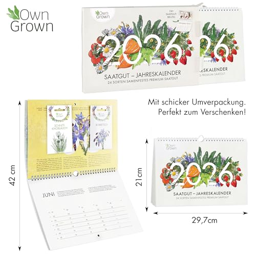 OwnGrown Saatgut Kalender 2026 Wandkalender A4 - Gartenkalender mit 24 Sorten Samen - Monatskalender für Kräuter, Gemüse, Obst, Blumen - Adventskalender 2026 Frauen und Männer