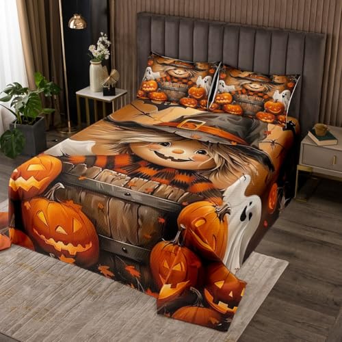 Halloween Pumpinks Quilt Bedding Set Twin,Cute Scarecrow Maple Leaves Coverlet Bedspread,Rustic Ghosts Kids Teens Lightweight Bedding Bed Cover,Bats Silhouette Bedspread Set (1 Quilt+ 1 Sham)