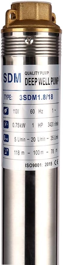Submersible Pumps 3" OD Pipe 110V/60Hz 0.75KW 1HP Stainless Steel Deep Well Pump 1" Outlet for Industrial and Home Use