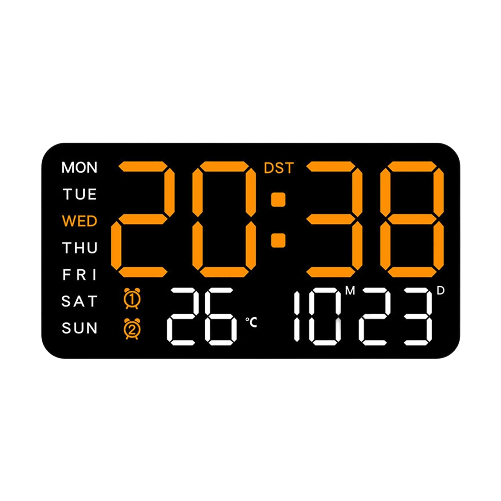 HDOYTXXM Contemporary Electronic Wall Clock with LED Screen Time Date Temperature 2 Alarm 12/24 Hour Format Adjustable Brightness Bedsides Clock