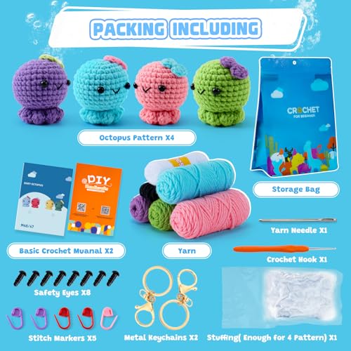 Auspicious Beginning Crochet Kit, Octopus Family Crochet Animal Kit for Adults, 4PCS, with Video Tutorials