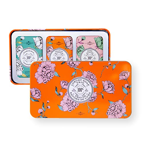 La Chatelaine Luxury Bar Soap Trio Gift Set Tin | Made in France | Natural and Organic | Shea Butter Formula | 3 x 7 oz / 200g - Orange Soap Trio (Gardenia, Orange Blossom, Rose Acacia)