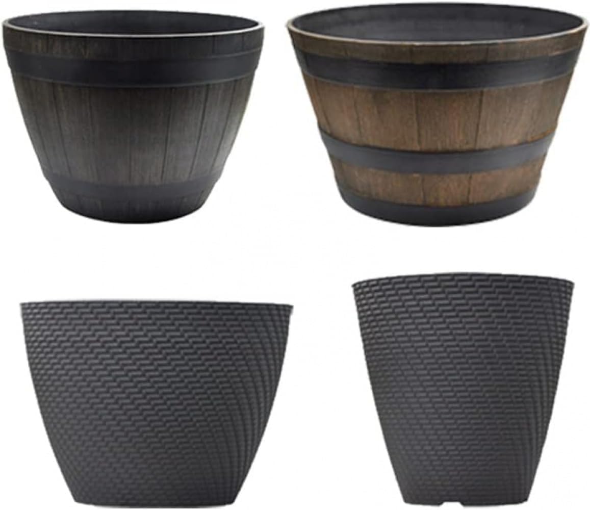 大型バルコニー植木鉢 模造木製バレルデザイン 耐久性樹脂プランター 特大サイズ 盆栽・ジューシー用最適 排水穴付き換気良好 プラスチ