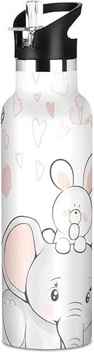 Kids Water Bottle Leakproof Kids Insulated Water Bottle 20oz, BPA-Free, Cute Elephant Pastel