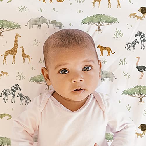 Image of Baby Bassinet Sheets for Boy, Girl (Safari Adventures) 2-Pack - Fitted Bedside Bassinet Sheets - Buttery Soft Cotton Blend for Standard Mattress Pad