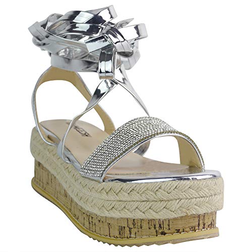BeMeesh Alpargata para Mujer Diamante Zapatos Planos con Plataforma y Cuerdas Sandalias de Verano