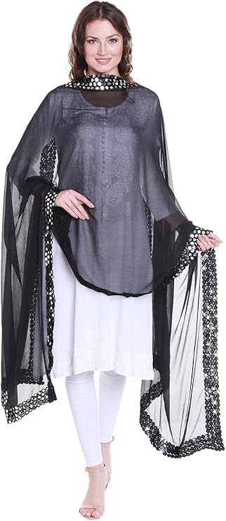 Women's Black Chiffon Dupatta with Mirror work lace.3