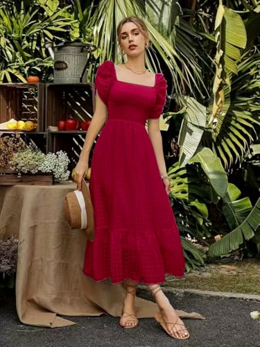 Image of Shreyam Girl's & Women's Solid A-Line Ruched Puff Sleeve Maxi Long Evening One Piece Long Dress for Women Stylish