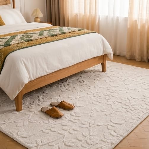 Image of HOMETHREADS Premium Plush Soft 2-Layer Faux Rabbit Fur Embossed Carpet, Washable Area Rug with Anti-Skid Backing for Living Room, Bedroom, Hall & Office, Ultra Soft Floor Carpet(Cream, 4' x 6' Feet)