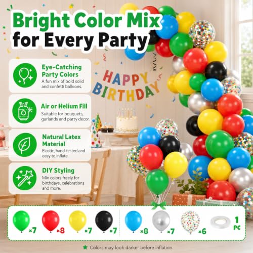 Image of Red Yellow Blue Green Balloon, 50PCS 12Inch Multicolor Balloons with Black Red Blue Yellow Green Silver Ballons and Colorful Confetti Ballon for Birthday,Game Themed Party Supplies