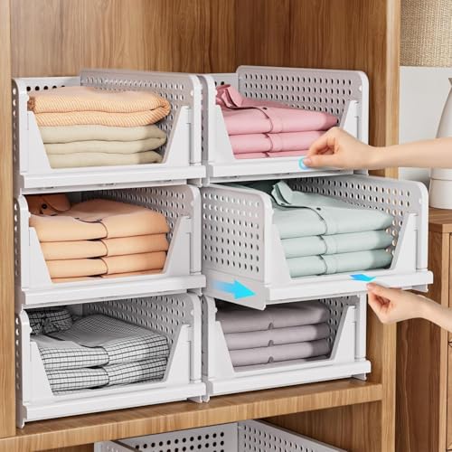 Image of TEKCOOL Plastic Wardrobe Organizer For Storage Organizer For Clothes,Cupboard Organizer,Foldable Shirt Stacker Box,Cloth Box for Almirah,Closet Storage Basket,Pack of 3.,White