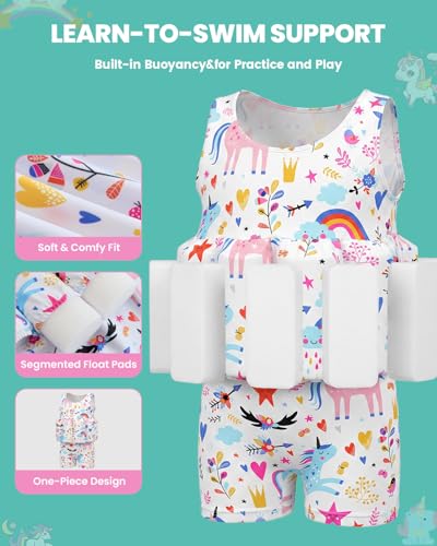 Image of DivingBirds Toddler Floatie Swimsuit with Hat for Boys Girls, Sleeveless Swim Suit with Floatation, 1-6Y