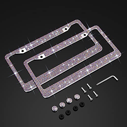 XCLPF Bling License Plate Frame for Women, Sparkly Stainless Steel License Plate Frames| Over 1200 pcs 14 Facets Bedazzled Clear Glass Diamond Rhinestone Crystals w Free Glitter Colorful Diamond