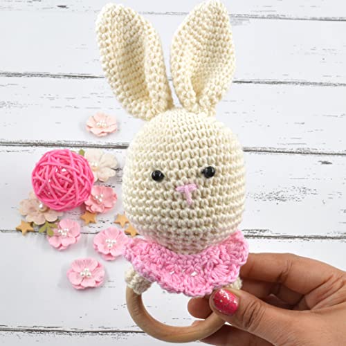 Image of Love Crochet Art Animal Shape Crochet Rattle Cum Soft Toy for Infant, Kids & Babies, Early Age Gift Toys (Ruffly Rabbit - Cream)